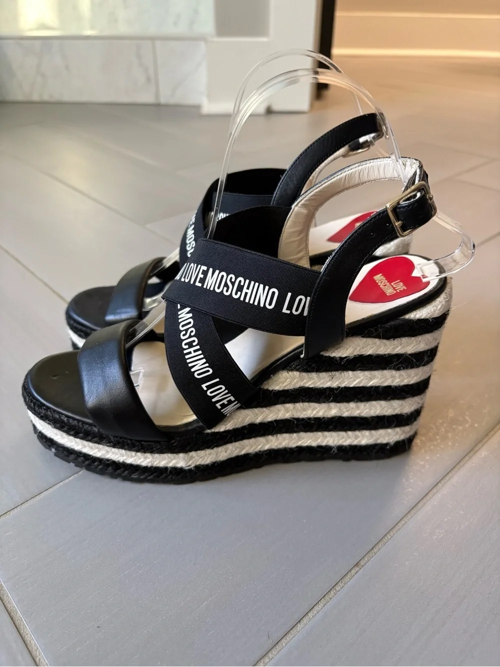 Love Moschino Black and White Logo Wedge Sandals